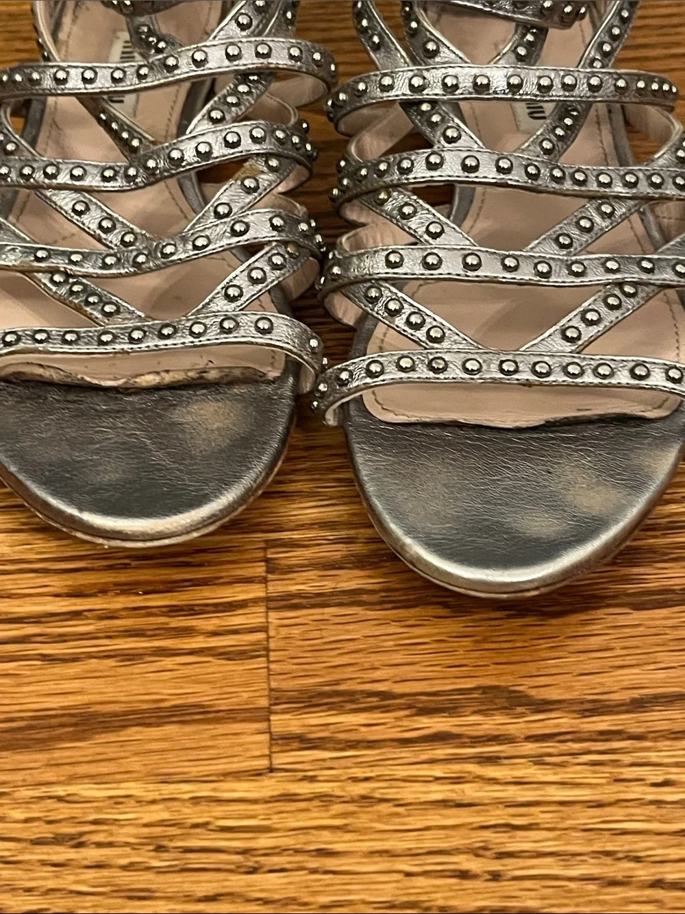 MIU MIU Studded Gladiator/Cage Sandals in silver